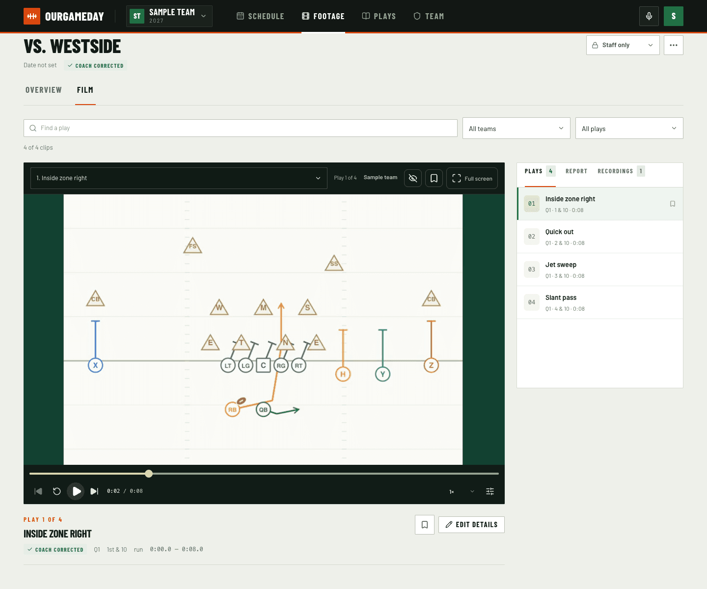 Film room with a video timeline, four sample clips, and editable play details.