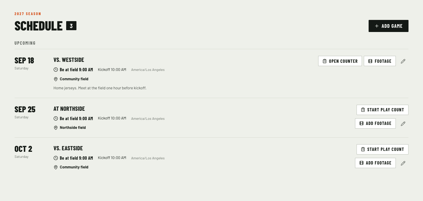 Team schedule showing opponents, field arrival and kickoff times, locations, and links to footage and play counts.